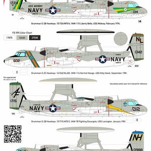 以下が含まれることがあります： Grumman E-2B/C Hawkeye航空機の詳細なイラストが描かれたシート。海軍の様々な飛行隊のマーキングとカラースキームが含まれています。「E-2B/C Hawkeye」と「CTAMODELS.COM」の文字が含まれています。