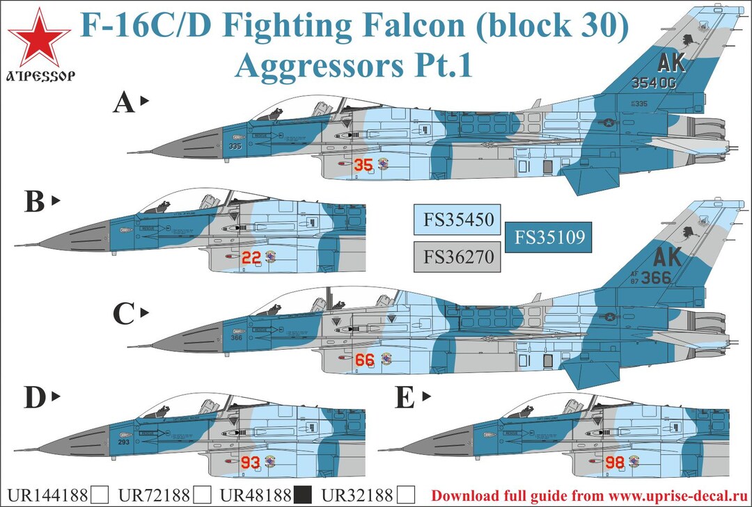 1:48 Decal F-16C/D Fighting Falcon, Aggressors (FFA Film) Uprise Decals ...
