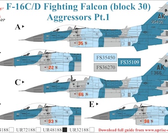 May include: An illustration of F-16C/D Fighting Falcon (block 30) Aggressors Pt.1 aircraft. The image shows five different aircraft designs with blue, gray, and white camouflage patterns. Each aircraft has a unique number and markings.