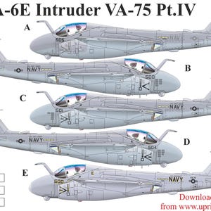 May include: Illustration of five A-6E Intruder aircraft, each in a different livery, with the text "A-6E Intruder VA-75 Pt.IV." The aircraft are light gray with navy markings and various tail codes. The image includes the website address "uprise-decal.ru".