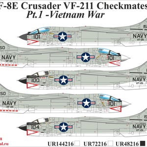 Puede incluir: Ilustración de cinco aviones de combate F-8E Crusader en gris claro, con el texto "F-8E Crusader VF-211 Checkmates Pt.1 - Vietnam War." Cada avión presenta el código de cola "NP" y la insignia de la Marina.