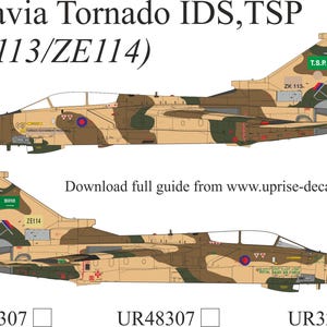May include: Two side profiles of a Panavia Tornado IDS, TSP aircraft, with a camouflage pattern in tan, brown, and green. The text "Panavia Tornado IDS, TSP (ZK113/ZE114)" is at the top. The text "Download full guide from www.uprise-decal.com" is also visible.