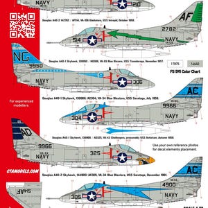 May include: A set of decals for model aircraft, featuring various markings for the Douglas A4D-1, A4D-2, and A-4B Skyhawk aircraft. The decals include tail numbers, squadron markings, and other details. The decals are printed in a variety of colours, including blue, red, white, and black. The decals are designed for use with 1/72 scale model aircraft.