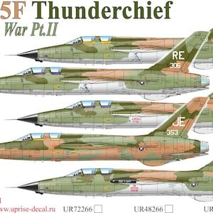 May include: An illustration of several F-105F Thunderchief fighter jets in a camouflage pattern. The image includes text that reads "F-105F Thunderchief Vietnam War Pt.II". Each jet has different markings, including "RE 306", "JE 285", "JE 353", and "RE 302".