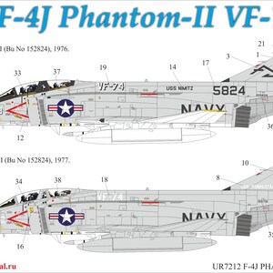May include: Diagram of two F-4J Phantom-II VF-74 fighter jets, side view, with detailed markings. The top jet is from 1976, the bottom from 1977. Includes text: F-4J Phantom-II VF-74, USS NIMITZ, and NAVY.