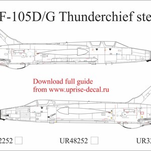 May include: Line drawings of two F-105D/G Thunderchief aircraft, showing detailed stencil placement. The image includes the text "F-105D/G Thunderchief stencils" and "Download full guide from www.uprise-decal.ru". Below are the product codes UR72252, UR48252, and UR32252.