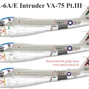 May include: Illustration of three A-6A/E Intruder VA-75 aircraft. Each aircraft is gray with black and red markings, including the text "USS INDEPENDENCE NAVY VA-75". The image includes the text "The Sunday Punchers".