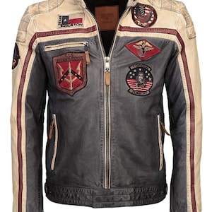 Top Gun Maverick Military Flight Bomber Leather Jacket Green & Black Biker Jacket with Patches
