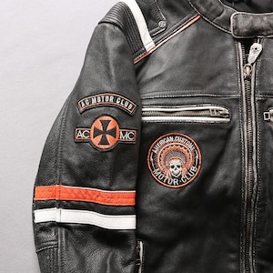 Men's Vintage Black Biker Leather Jacket – Distressed Cafe Racer Motorcycle Jacket with Retro Patches