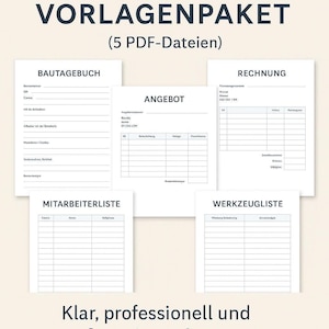 May include: A collection of five printable PDF templates, including a construction log, an offer, an invoice, an employee list, and a tool list. The templates are white with black text, and the text "VORLAGENPAKET" is at the top.