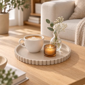 May include: A round beige scalloped tray holding a white ceramic mug filled with latte art, a small amber glass votive candle with a lit flame, and a clear glass bud vase containing a sprig of eucalyptus and small white flowers.