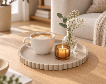Round Fluted Decorative Tray, Modern Vanity and Perfume Organizer, Scalloped Coffee Table Decor, Minimalist Display Tray