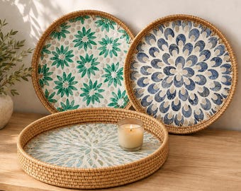 Handwoven Rattan Mosaic Tray, Mother of Pearl Round Serving Tray, Boho Coffee Table Decor, Coastal Housewarming Gift Sizes 30cm or 35cm