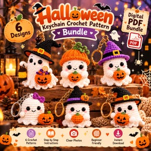 May include: A digital PDF bundle of 6 crochet patterns for Halloween keychains. The image displays 6 white ghost figures with various accessories, including orange pumpkins, a yellow lantern, and hats in black or purple, all attached to metal keyrings.
