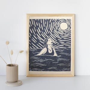 Wild Sea Swimming Linoprint - Coastal Art Print - Handmade Ocean Wall Art - Nature Inspired Decor