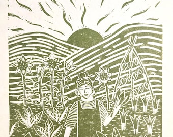 Vegetable Garden Linoprint, Handmade Block Print, Allotment Wall Art, Kitchen Wall Art, Gardener Gift, Botanical Print