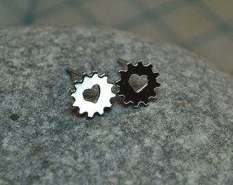 Silver Bike Cog Heart Earrings