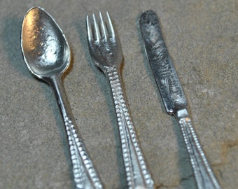 Antique Style Doll Silverware Flatware Miniture Spoon Knife Fork Set (lead free pewter, hand cast)