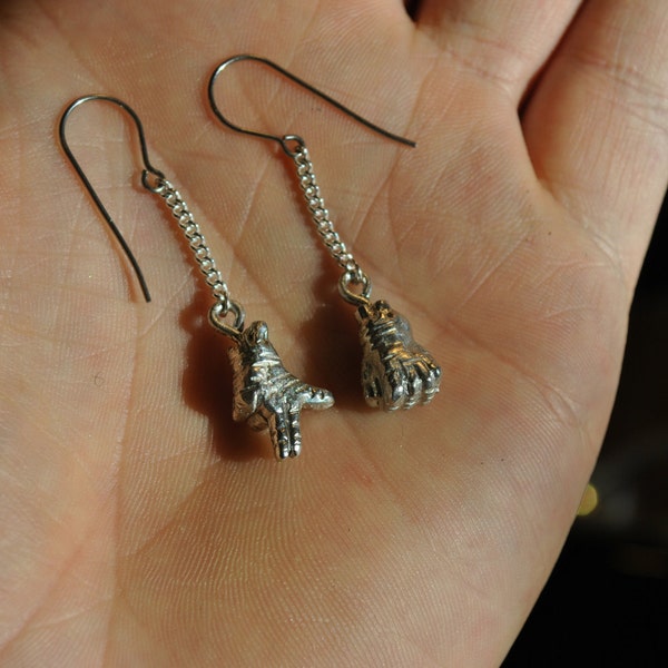 Hand Cast Pewter Run The Jewels Fist And Gun Hand Earrings