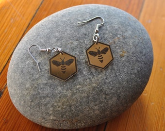 Brass Bee Hexagon Earrings