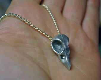 Hand Cast Pewter Crow Skull Necklace On A Silver Chain