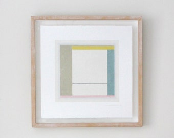 Geometrisch abstract landschap, originele tekening zeefdruk. Kleurrijke moderne kunst van Emma Lawrenson. Vierkante kunst.