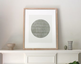 Japandi original Abstract screenprint / green moon, hand pulled, sage green, cream, by Emma Lawrenson.