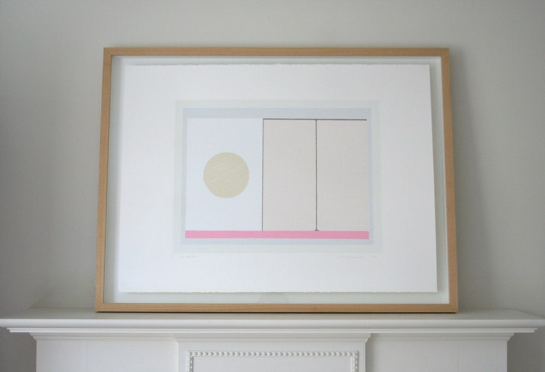 Contemporary art, minimal art, abstract screenprint, abstract geometry in pinks and neutrals by Emma Lawrenson. image 2