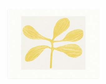 Abstract screenprint/ original art, yellow leaves', hand pulled, yellow, cream, by Emma Lawrenson.