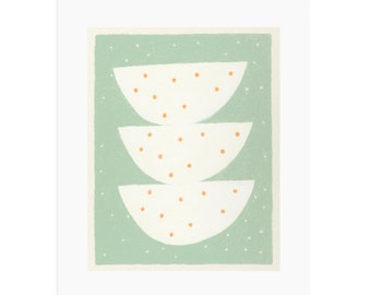 Abstract screenprint/ original art, green spotty 'Three Nests', hand pulled, minty green, cream, orange by Emma Lawrenson.