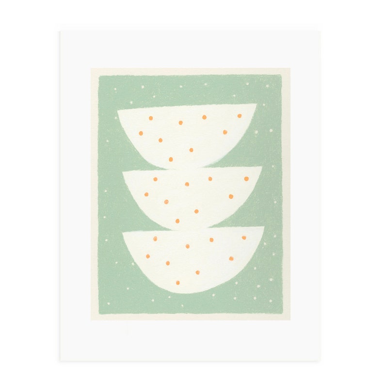 Abstrakter Siebdruck/ Originalkunstwerk, grün fleckig 'Three Nests', handgezogen, mintgrün, creme, orange von Emma Lawrenson. Bild 1