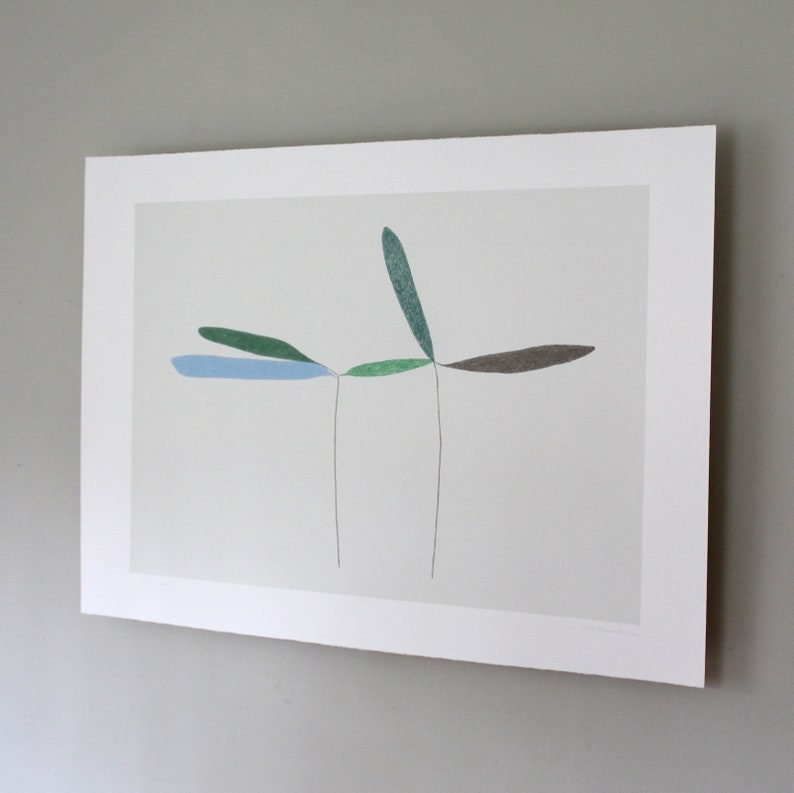 May include: A minimalist art print featuring a stylized abstract design of five leaves in shades of green, blue, and brown. The leaves are connected by thin lines, creating a delicate and balanced composition.