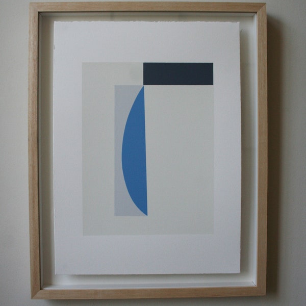 Study with blue curve, geometric original handmade screenprint in blues, greys and cream