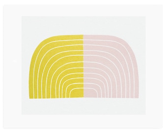 Minimal abstract original art, handmade screenprint, pink and yellow on Fabriano by Emma Lawrenson