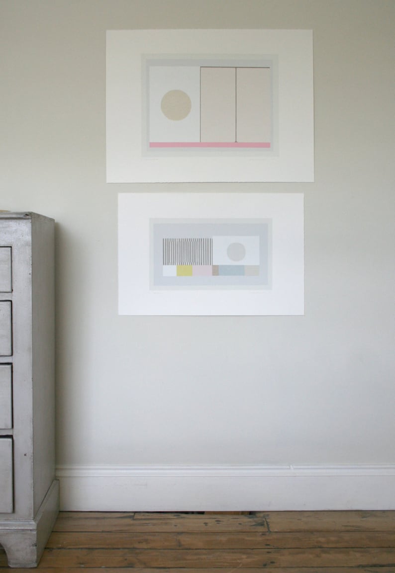 Contemporary art, minimal art, abstract screenprint, abstract geometry in pinks and neutrals by Emma Lawrenson. image 5