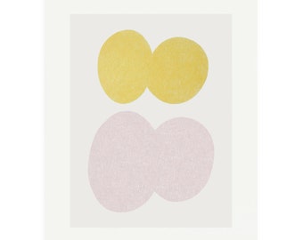 Minimal original art, abstract handmade screenprint yellow and pink on fabriano by Emma Lawrenson