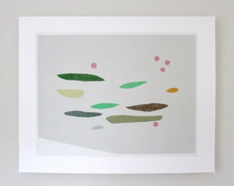 Nature inspired screenprint. Greens, pinks, original art on beautiful Italian Paper by Emma Lawrenson