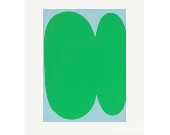 Retro groene en blauwe abstracte zeefdruk. Moderne, minimale kunst van Emma Lawrenson