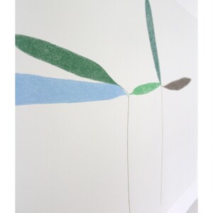 May include: A minimalist abstract drawing of a plant with green, blue, and brown leaves. The leaves are drawn with a light touch and appear to be floating in the air. The drawing is on a white background.