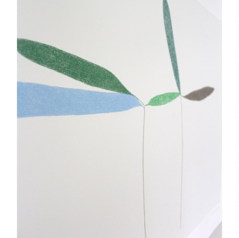 May include: A minimalist abstract drawing of a plant with green, blue, and brown leaves. The leaves are drawn with a light touch and appear to be floating in the air. The drawing is on a white background.