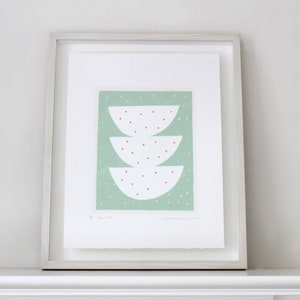 Abstract screenprint/ original art, green spotty 'Three Nests', hand pulled, minty green, cream, orange by Emma Lawrenson. image 4