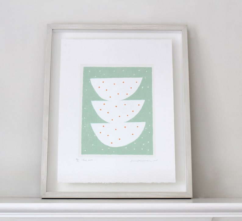 Abstract screenprint/ original art, green spotty 'Three Nests', hand pulled, minty green, cream, orange by Emma Lawrenson. image 4