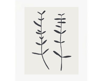 Impression botanique faite main, sérigraphie originale, dessin à l'encre, noir et blanc sur du papier Fabriano de la plus haute qualité