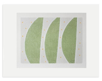 Abstract groene originele zeefdruk, handgemaakte print, handgetekende moderne kunst op mooi papier, jaren vijftig geïnspireerd door Emma Lawrenson.