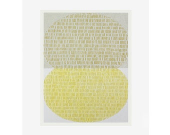 Abstracte zeefdruk/originele kunst, gele hand getrokken kunst van Emma Lawrenson.