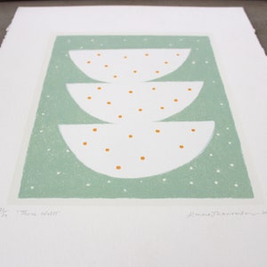 Abstract screenprint/ original art, green spotty 'Three Nests', hand pulled, minty green, cream, orange by Emma Lawrenson. image 2