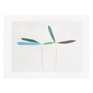 May include: Abstract art print featuring five thin lines extending from the center of the image, with four colored shapes at the ends of the lines. The shapes are green, blue, brown, and green.
