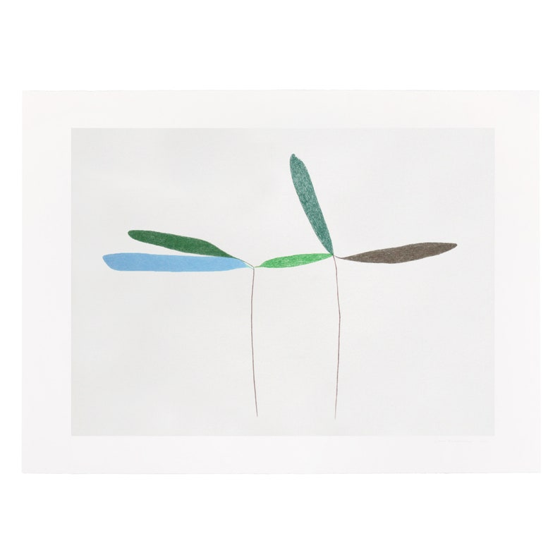 May include: Abstract art print featuring five thin lines extending from the center of the image, with four colored shapes at the ends of the lines. The shapes are green, blue, brown, and green.