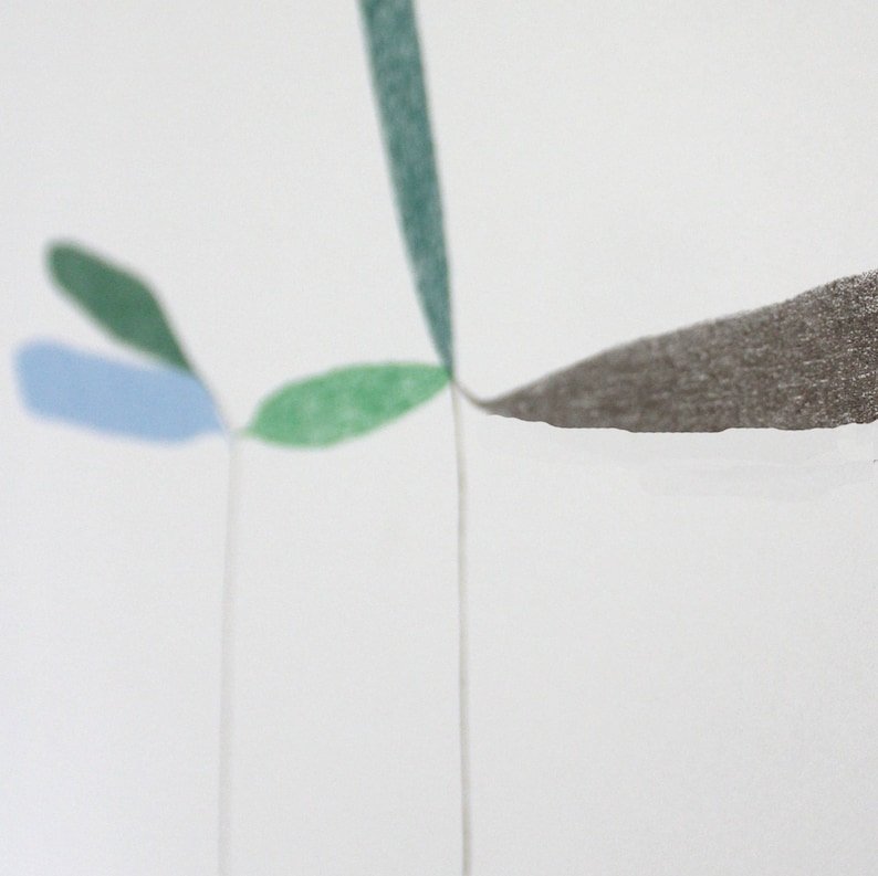 May include: Abstract art print featuring a stylized green plant with blue and green leaves against a white background.