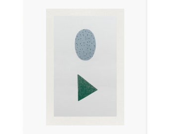 Small screenprint, abstract screenprint in blue, dark green and neutrals. Simple, modern art.